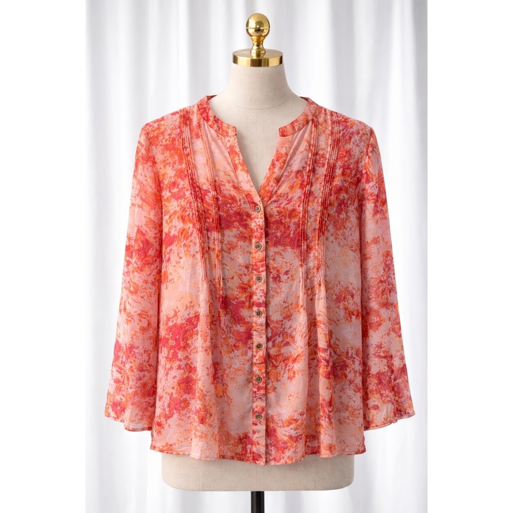 Calvin Klein Button Front Office Top Blouse Pink Orange Pintuck Size Large